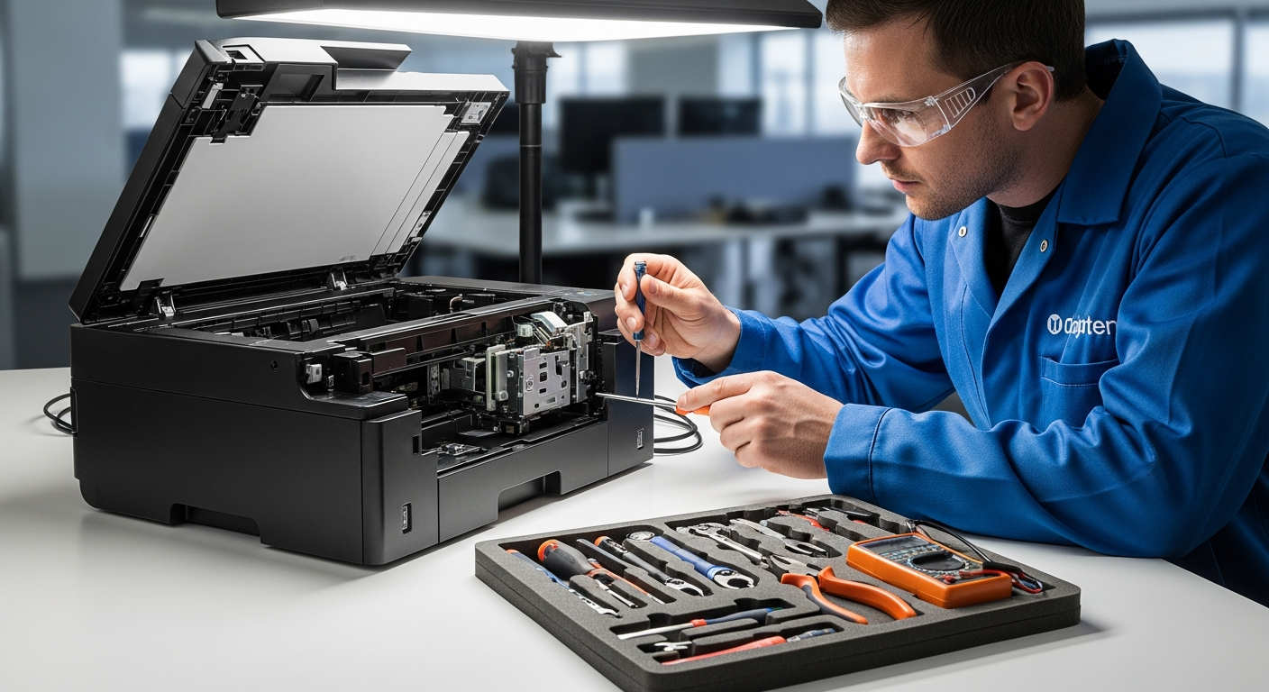 Técnico realizando manutenção em impressora